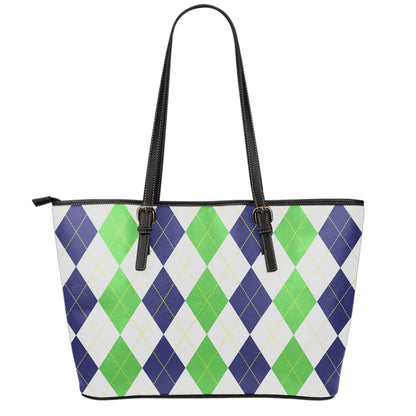 Green White And Navy Argyle Print Leather Tote Bag