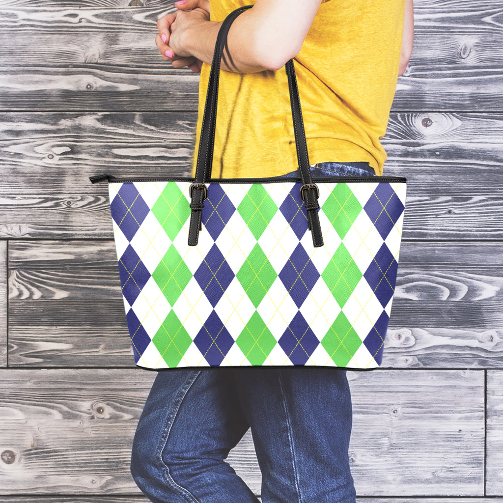 Green White And Navy Argyle Print Leather Tote Bag