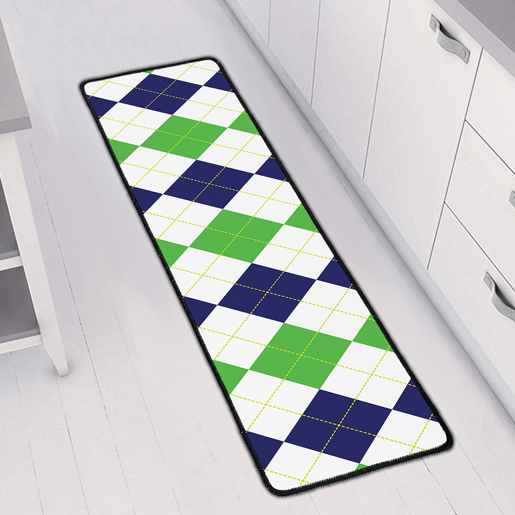 Green White And Navy Argyle Print Long Kitchen Mat