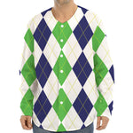 Green White And Navy Argyle Print Long Sleeve Baseball Jersey