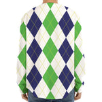 Green White And Navy Argyle Print Long Sleeve Baseball Jersey