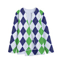 Green White And Navy Argyle Print Long Sleeve Short Coat