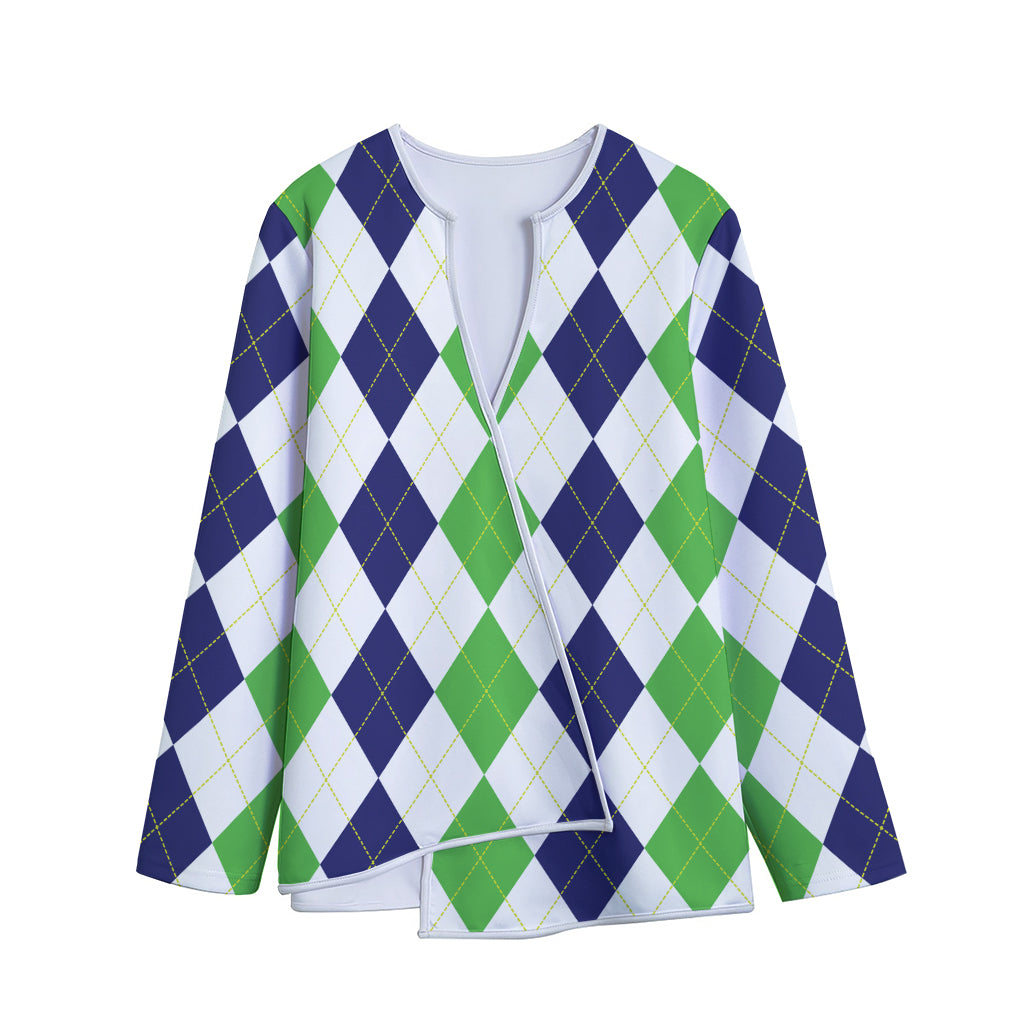 Green White And Navy Argyle Print Long Sleeve Short Coat
