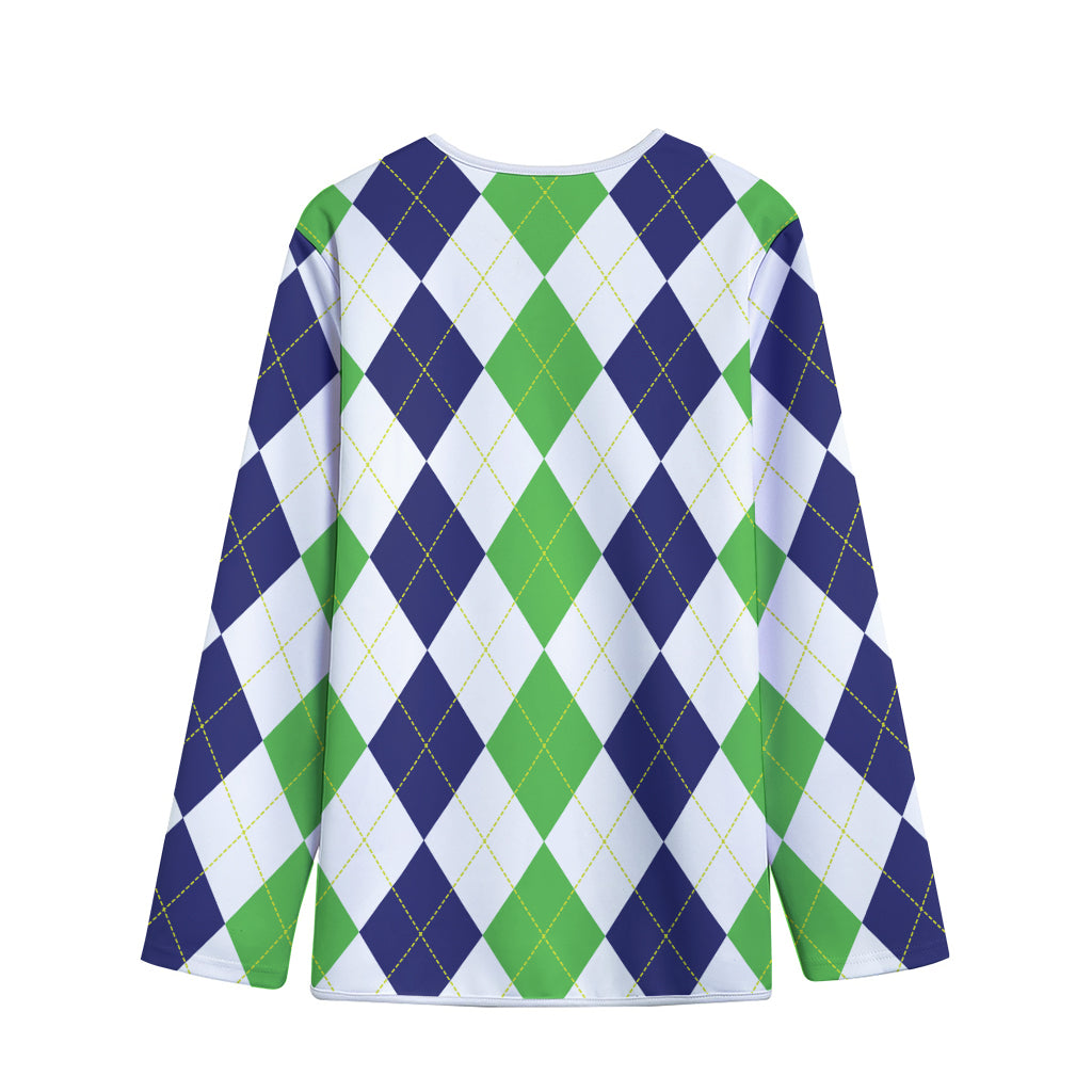 Green White And Navy Argyle Print Long Sleeve Short Coat