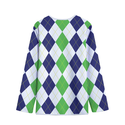 Green White And Navy Argyle Print Long Sleeve Short Coat