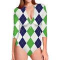 Green White And Navy Argyle Print Long Sleeve Swimsuit