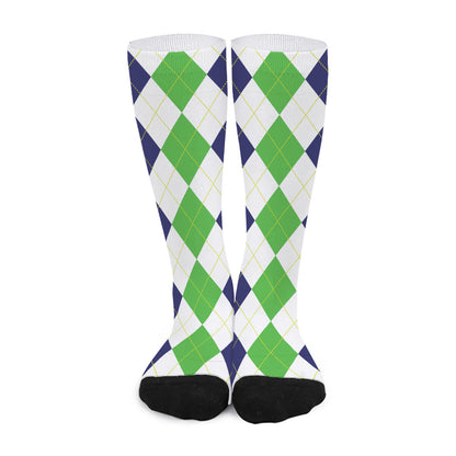 Green White And Navy Argyle Print Long Socks