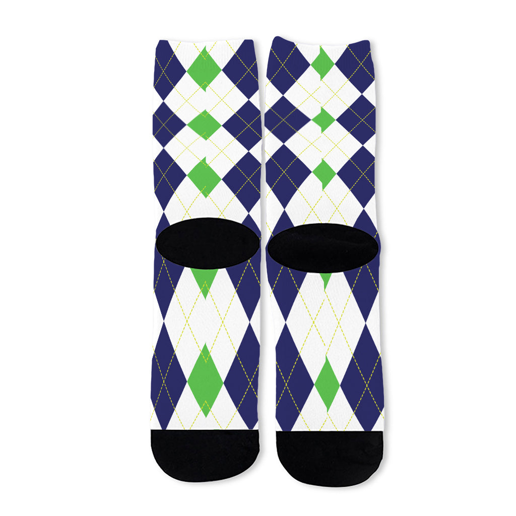 Green White And Navy Argyle Print Long Socks