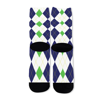Green White And Navy Argyle Print Long Socks