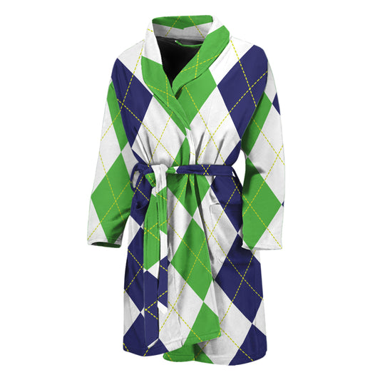 Green White And Navy Argyle Print Men's Bathrobe