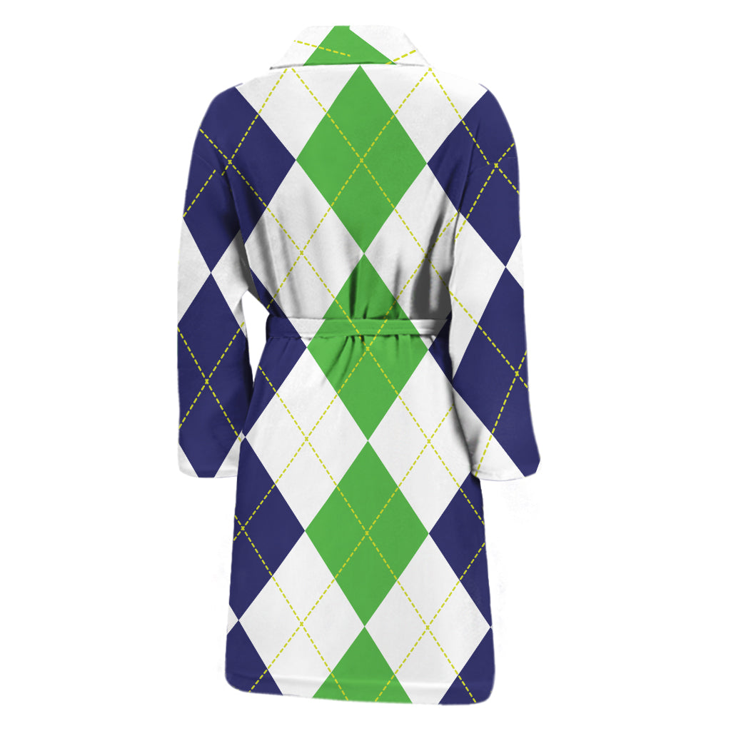 Green White And Navy Argyle Print Men's Bathrobe