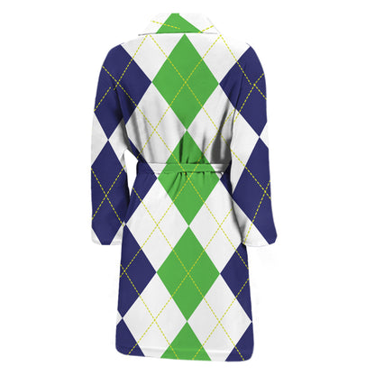 Green White And Navy Argyle Print Men's Bathrobe