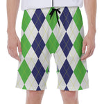 Green White And Navy Argyle Print Men's Beach Shorts