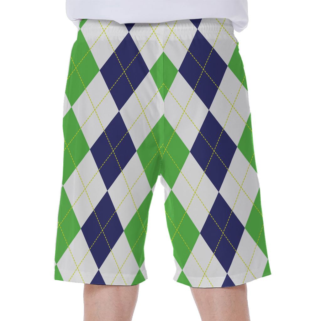 Green White And Navy Argyle Print Men's Beach Shorts