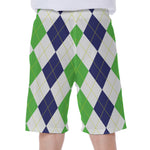 Green White And Navy Argyle Print Men's Beach Shorts