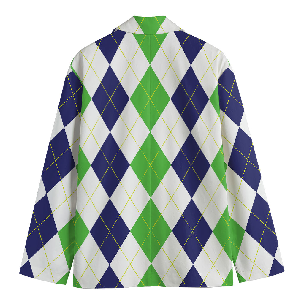 Green White And Navy Argyle Print Men's Blazer