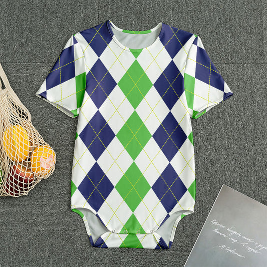Green White And Navy Argyle Print Men's Bodysuit