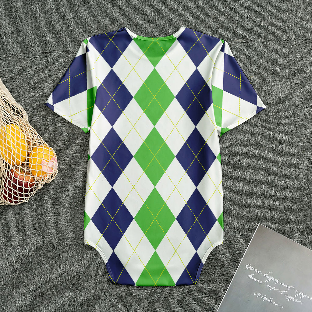 Green White And Navy Argyle Print Men's Bodysuit