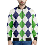 Green White And Navy Argyle Print Men's Bomber Jacket