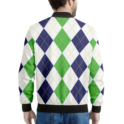 Green White And Navy Argyle Print Men's Bomber Jacket