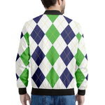 Green White And Navy Argyle Print Men's Bomber Jacket
