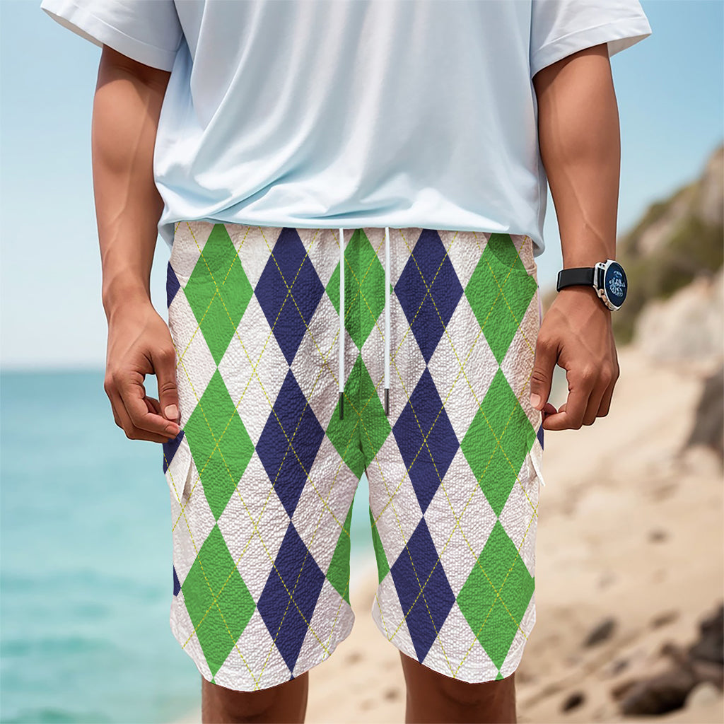 Green White And Navy Argyle Print Men's Cargo Shorts