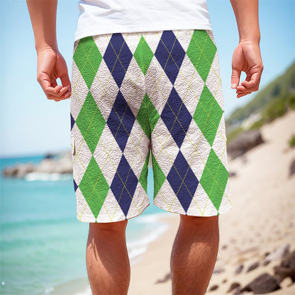 Green White And Navy Argyle Print Men's Cargo Shorts