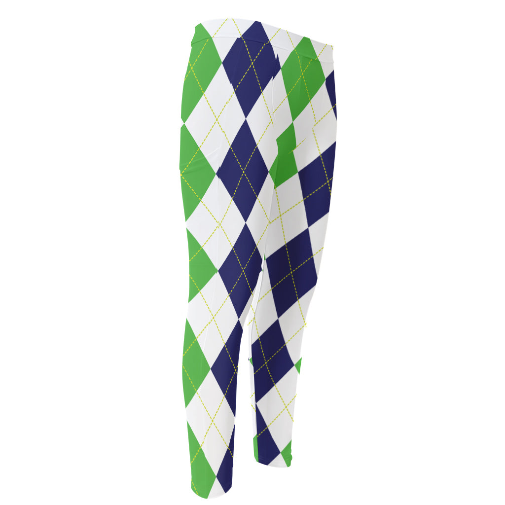 Green White And Navy Argyle Print Men's Compression Pants