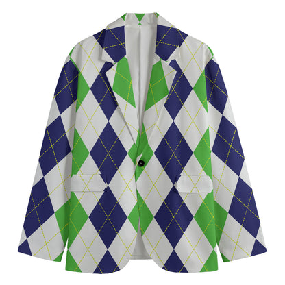 Green White And Navy Argyle Print Men's Cotton Blazer
