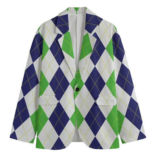 Green White And Navy Argyle Print Men's Cotton Blazer