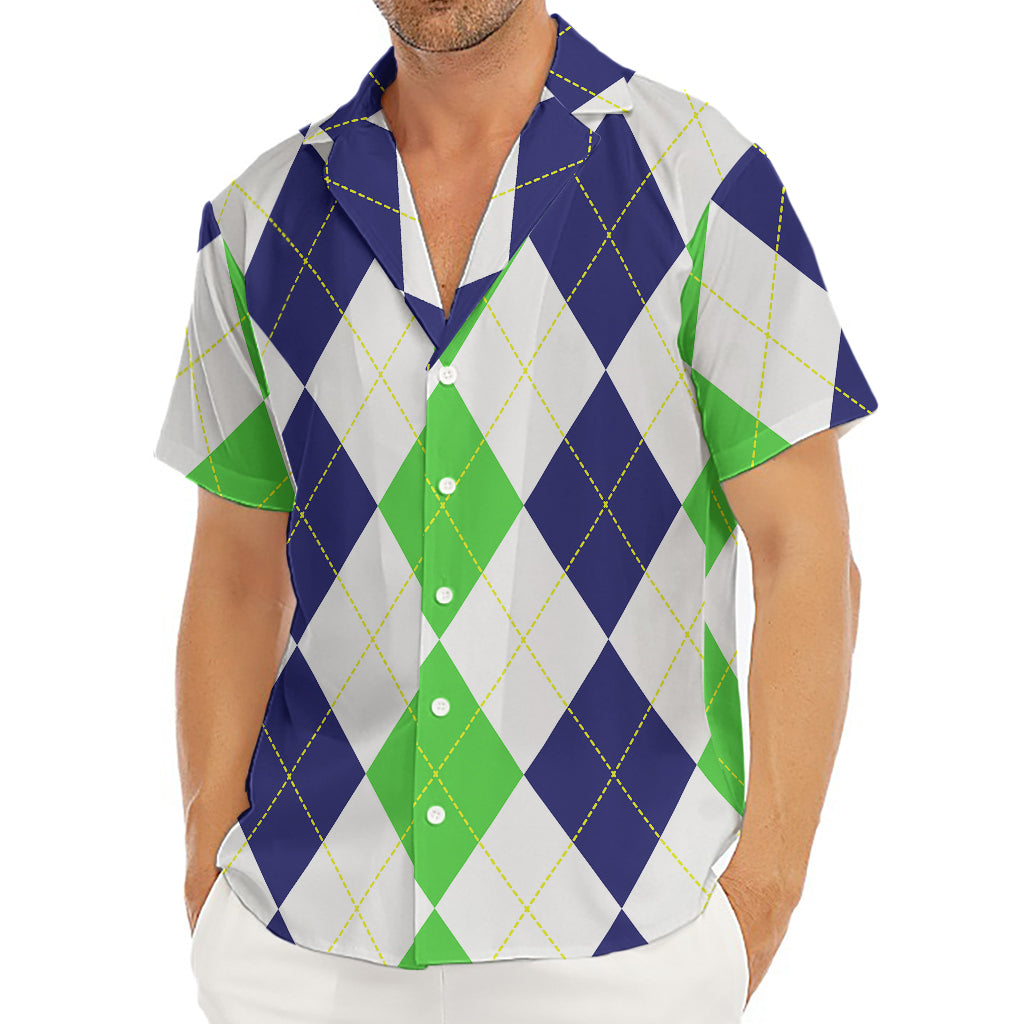 Green White And Navy Argyle Print Men's Deep V-Neck Shirt