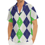 Green White And Navy Argyle Print Men's Deep V-Neck Shirt