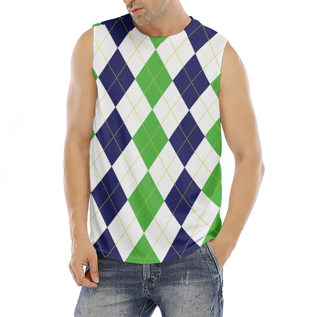 Green White And Navy Argyle Print Men's Fitness Tank Top