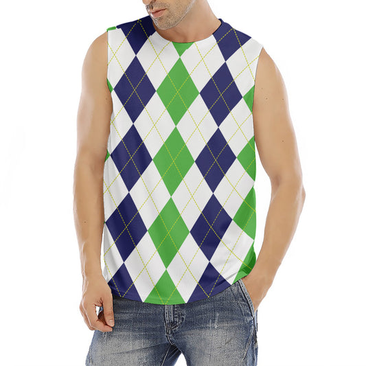 Green White And Navy Argyle Print Men's Fitness Tank Top