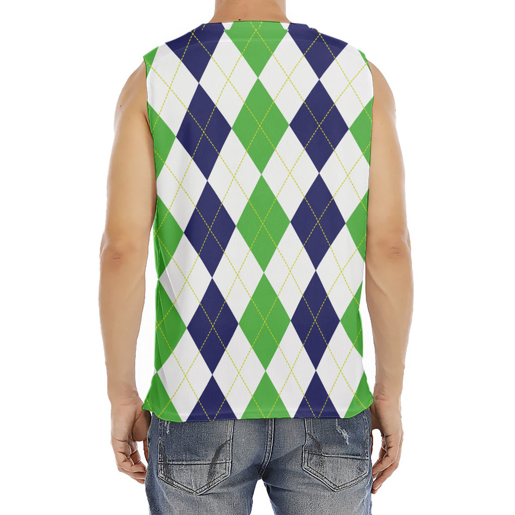Green White And Navy Argyle Print Men's Fitness Tank Top