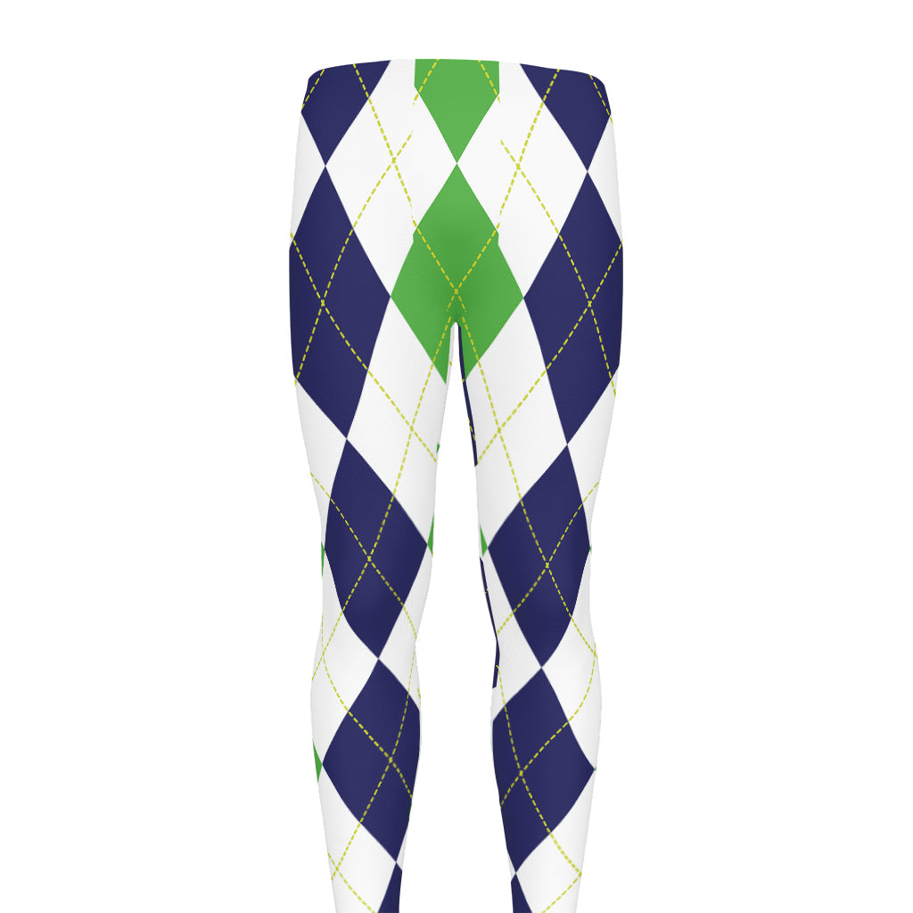 Green White And Navy Argyle Print Men's leggings