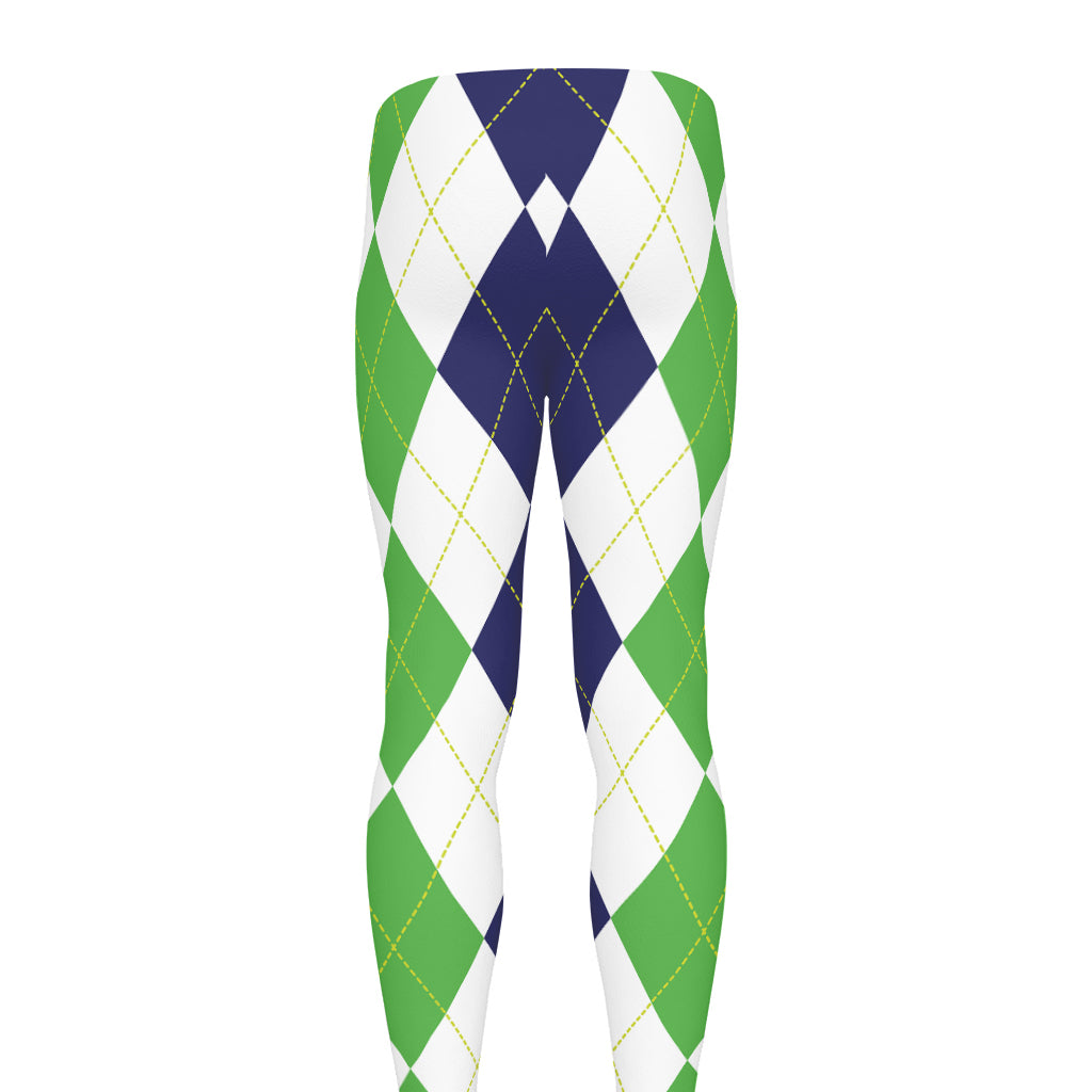 Green White And Navy Argyle Print Men's leggings