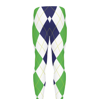 Green White And Navy Argyle Print Men's leggings