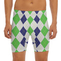Green White And Navy Argyle Print Men's Long Boxer Briefs