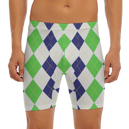 Green White And Navy Argyle Print Men's Long Boxer Briefs