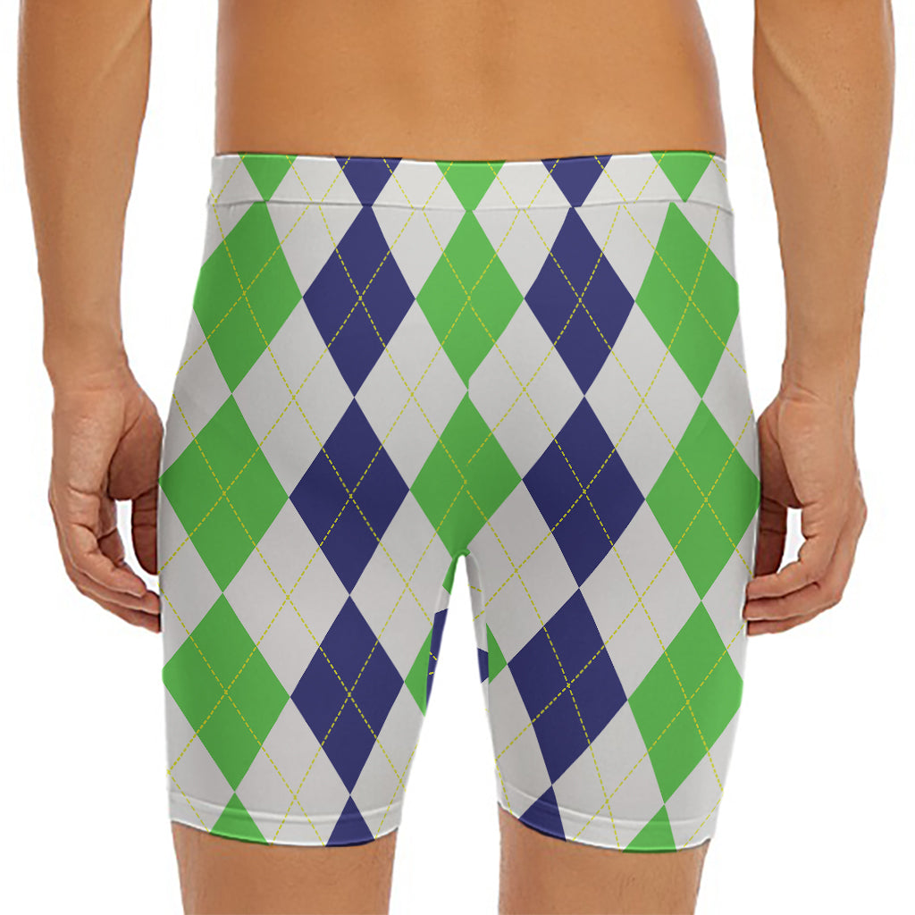 Green White And Navy Argyle Print Men's Long Boxer Briefs