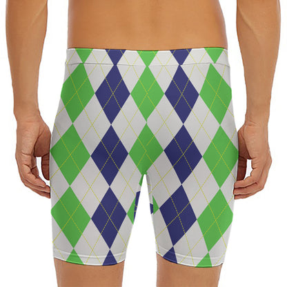 Green White And Navy Argyle Print Men's Long Boxer Briefs