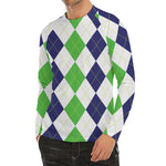 Green White And Navy Argyle Print Men's Long Sleeve Rash Guard