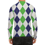 Green White And Navy Argyle Print Men's Long Sleeve Rash Guard