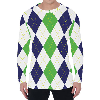 Green White And Navy Argyle Print Men's Long Sleeve T-Shirt