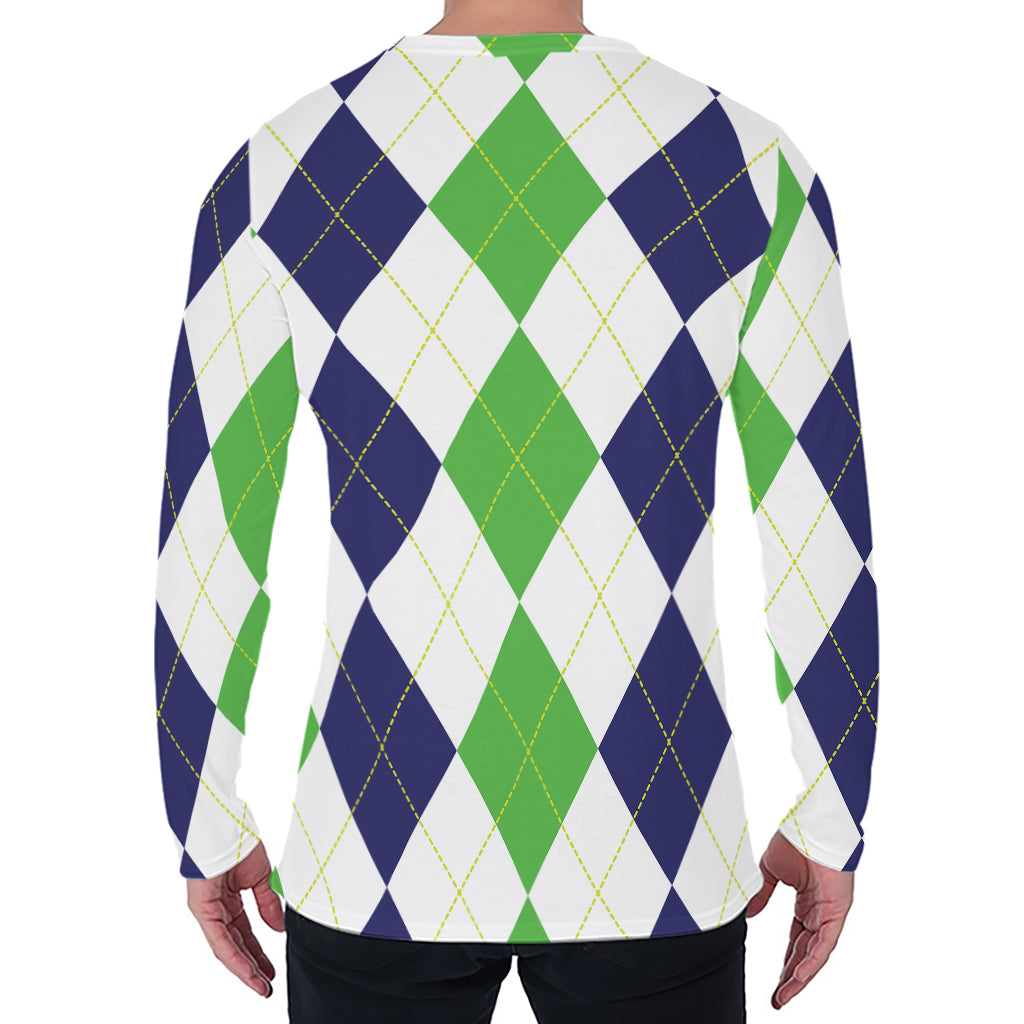 Green White And Navy Argyle Print Men's Long Sleeve T-Shirt