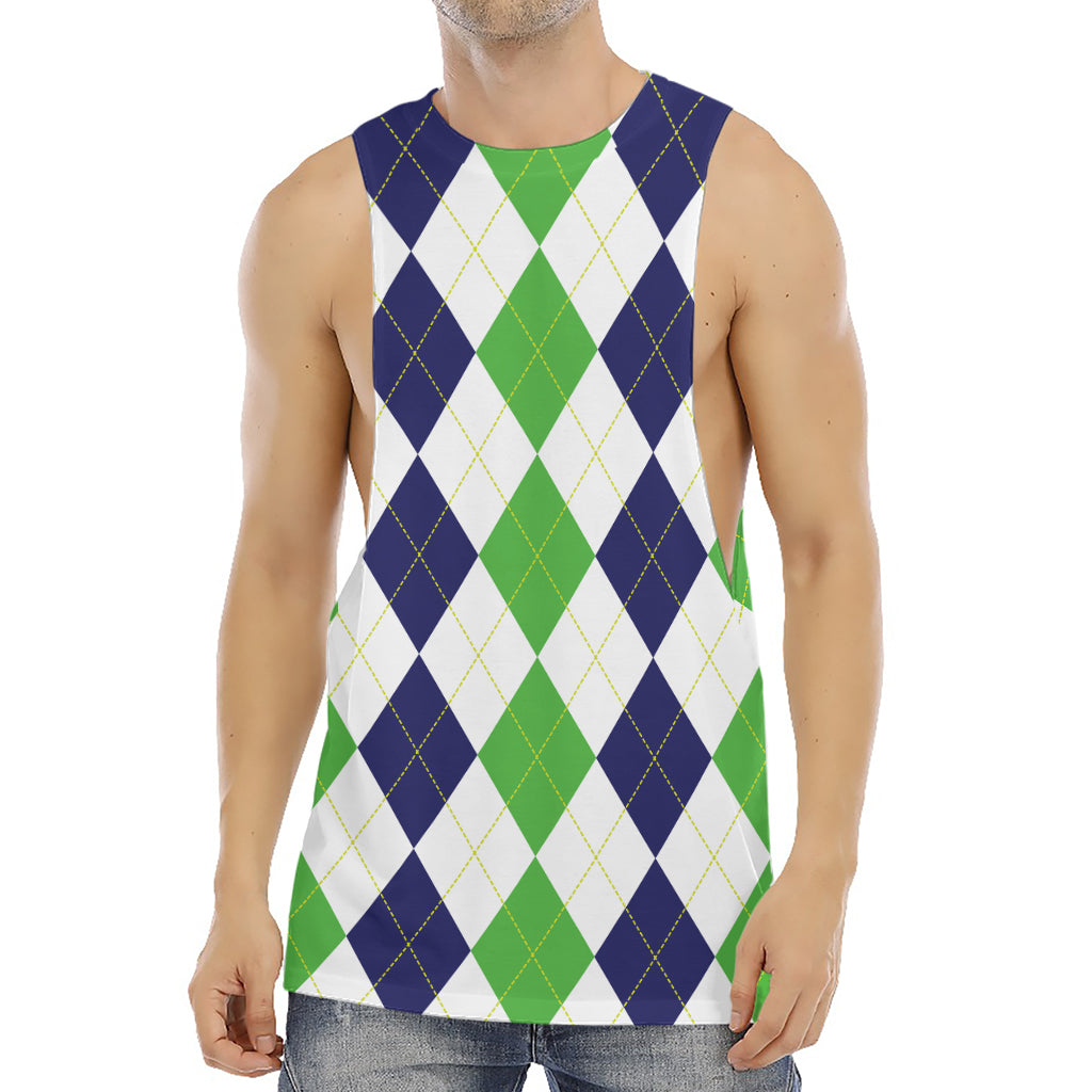 Green White And Navy Argyle Print Men's Muscle Tank Top