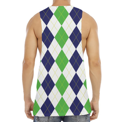 Green White And Navy Argyle Print Men's Muscle Tank Top
