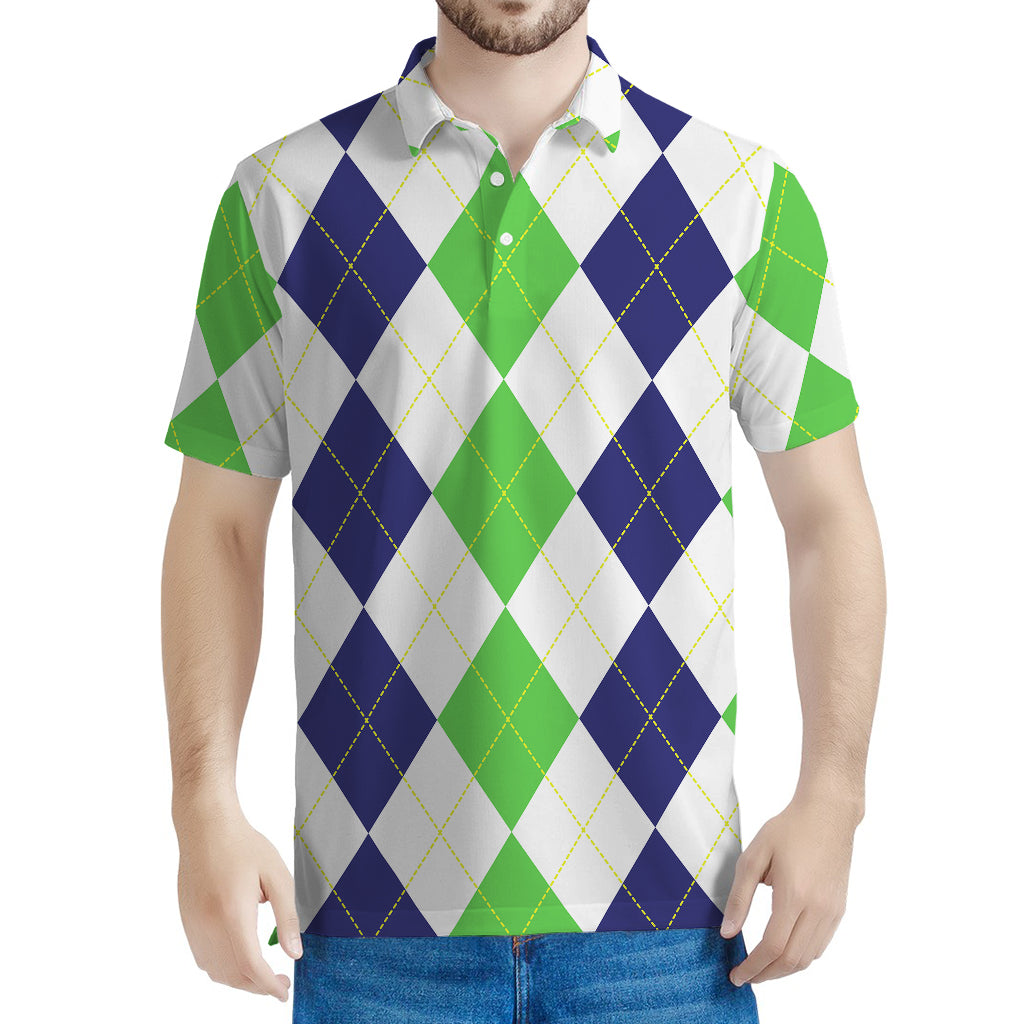 Green White And Navy Argyle Print Men's Polo Shirt