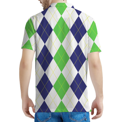 Green White And Navy Argyle Print Men's Polo Shirt